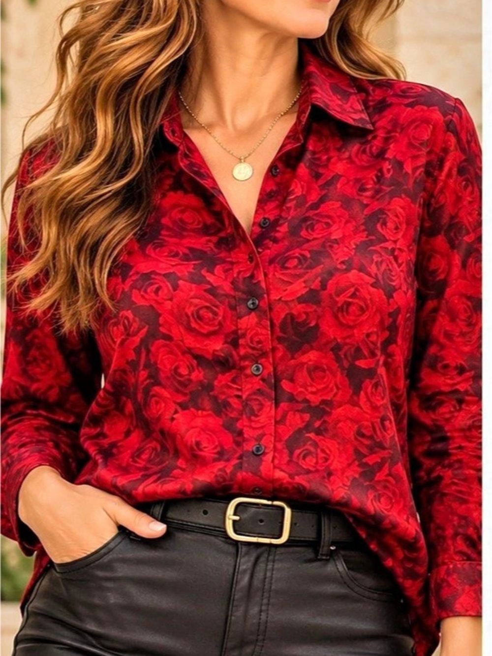 NY&Co 100% Silk Red Rose Floral Blouse XL
Like New Romantic